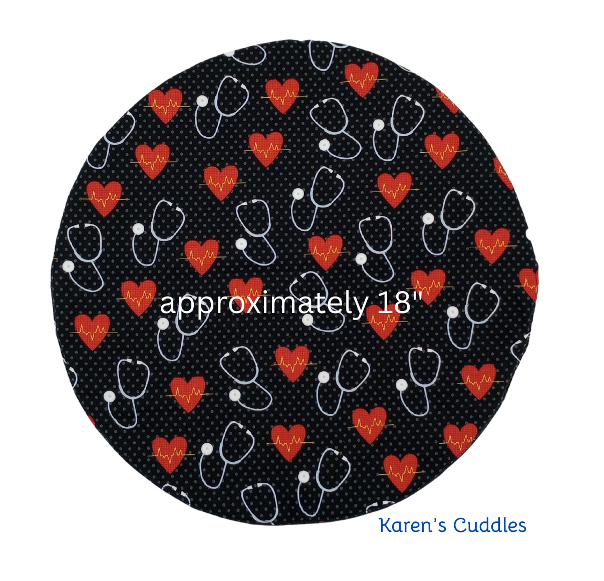 Round product with stethoscope and heart pattern on a black background, labeled 'approximately 18"