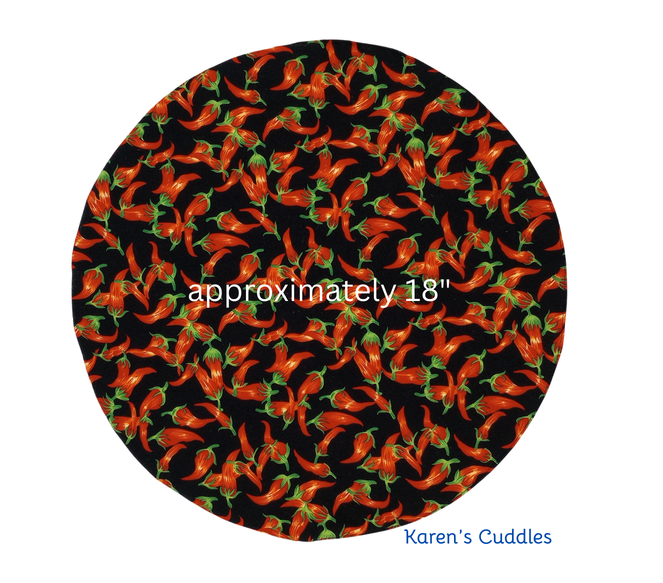 Steering Wheel Covers/Sun Shades - Chili Peppers
Help keep your steering wheel a little cooler and minimize sun exposure, especially during these hot summer days by slipping this cover over your steering wheel before leaving your car. 
This cover features Chili Peppers on one side and solid black on the other; made of 100% cotton fabric and lined with two layers of a cotton/polyester blend batting. 
Approximately 18" and fits most steering wheels. 
SAFETY ALERT: Please do not operate vehicle while the cover