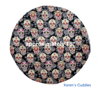 Steering Wheel Cover featuring colorful sugar skulls and black cotton fabric, help reduce sun and heat exposure. Aproximately 18", fits most steering wheels