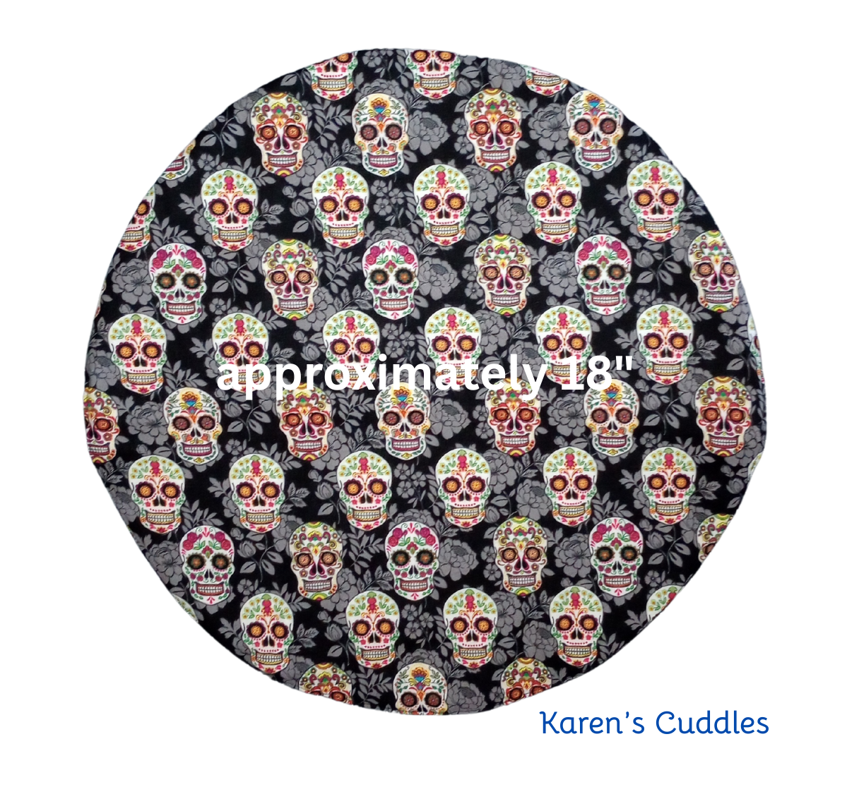 Steering Wheel Cover featuring colorful sugar skulls and black cotton fabric, help reduce sun and heat exposure. Aproximately 18", fits most steering wheels