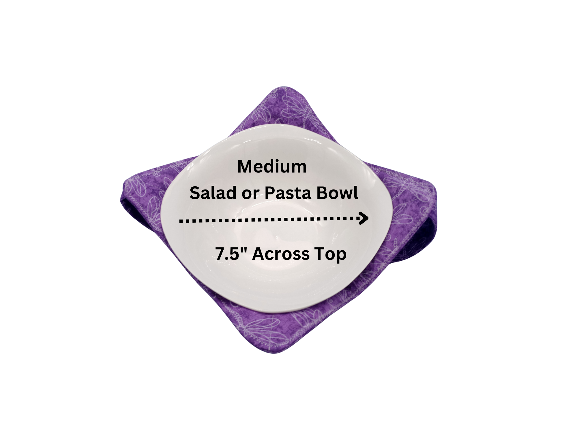 Purple dragonfly fabric bowl cozy holding a medium white salad bowl