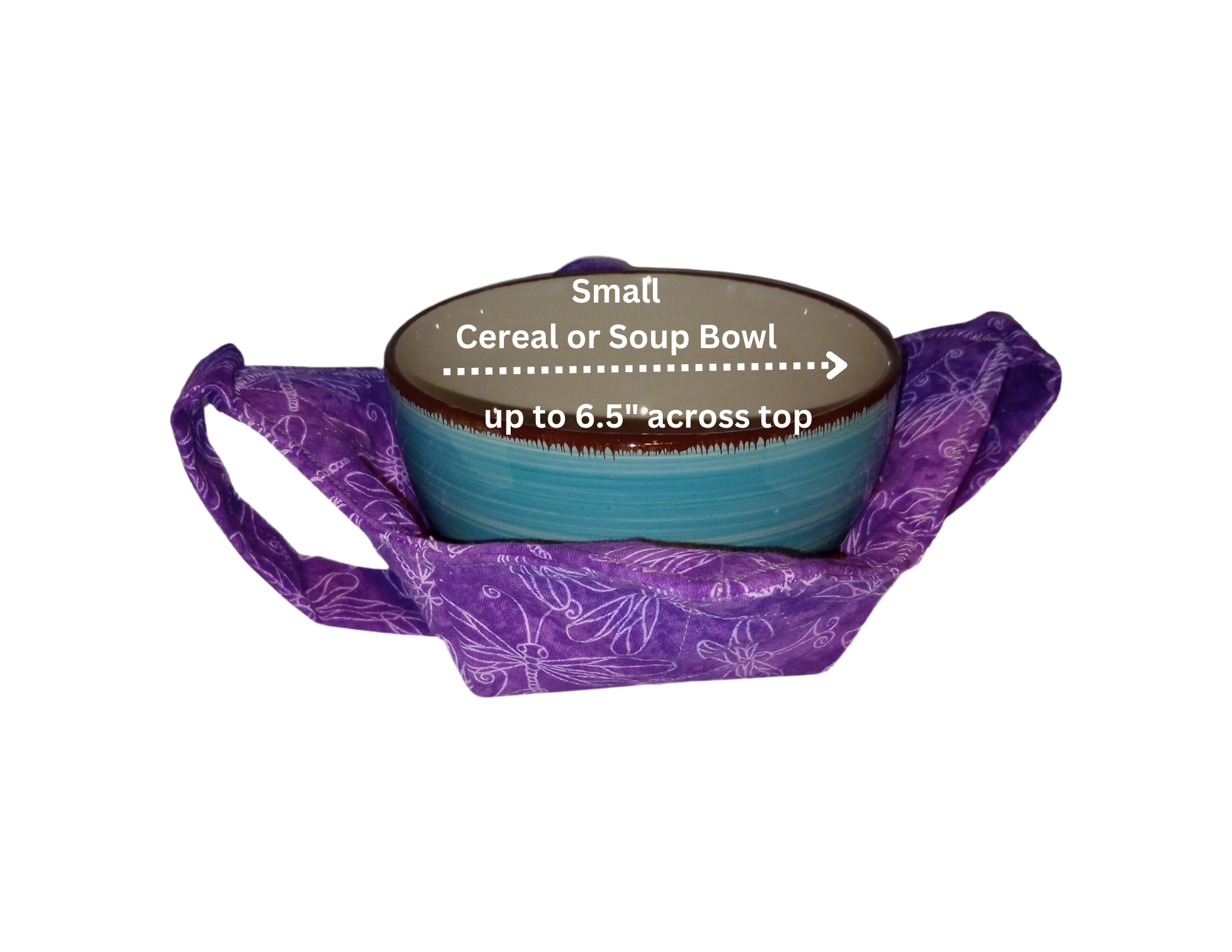 Purple dragonfly fabric bowl cozy holding a small turquoise soup bowl