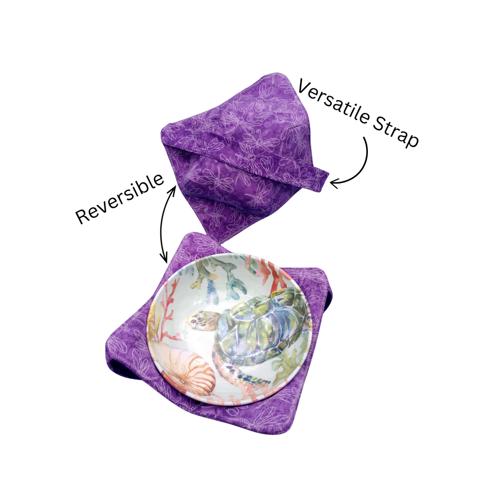 Purple dragonfly bowl cozy showing reversible design with versatile fabric strap with decorative bowl