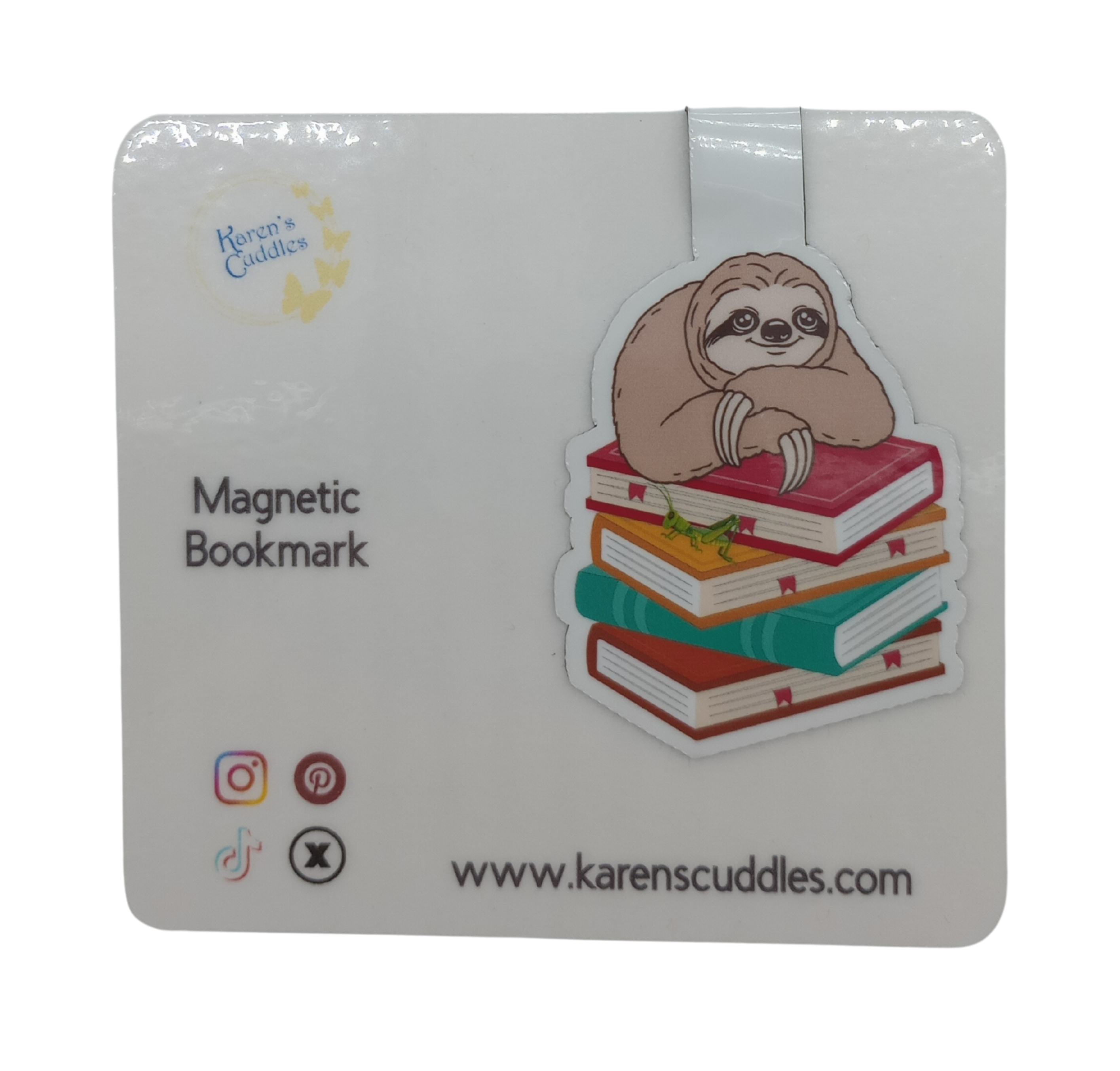 Magnetic Bookmark with a sloth and grasshopper relaxing on a stack of books