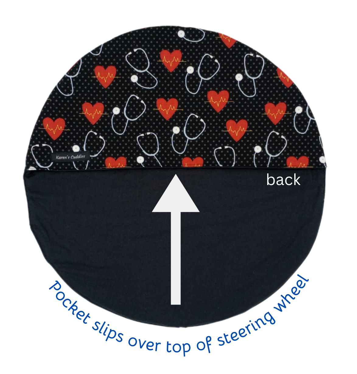 Steering wheel cover with heart and stethoscope pattern on top and black color on the bottom, labeled 'back'.