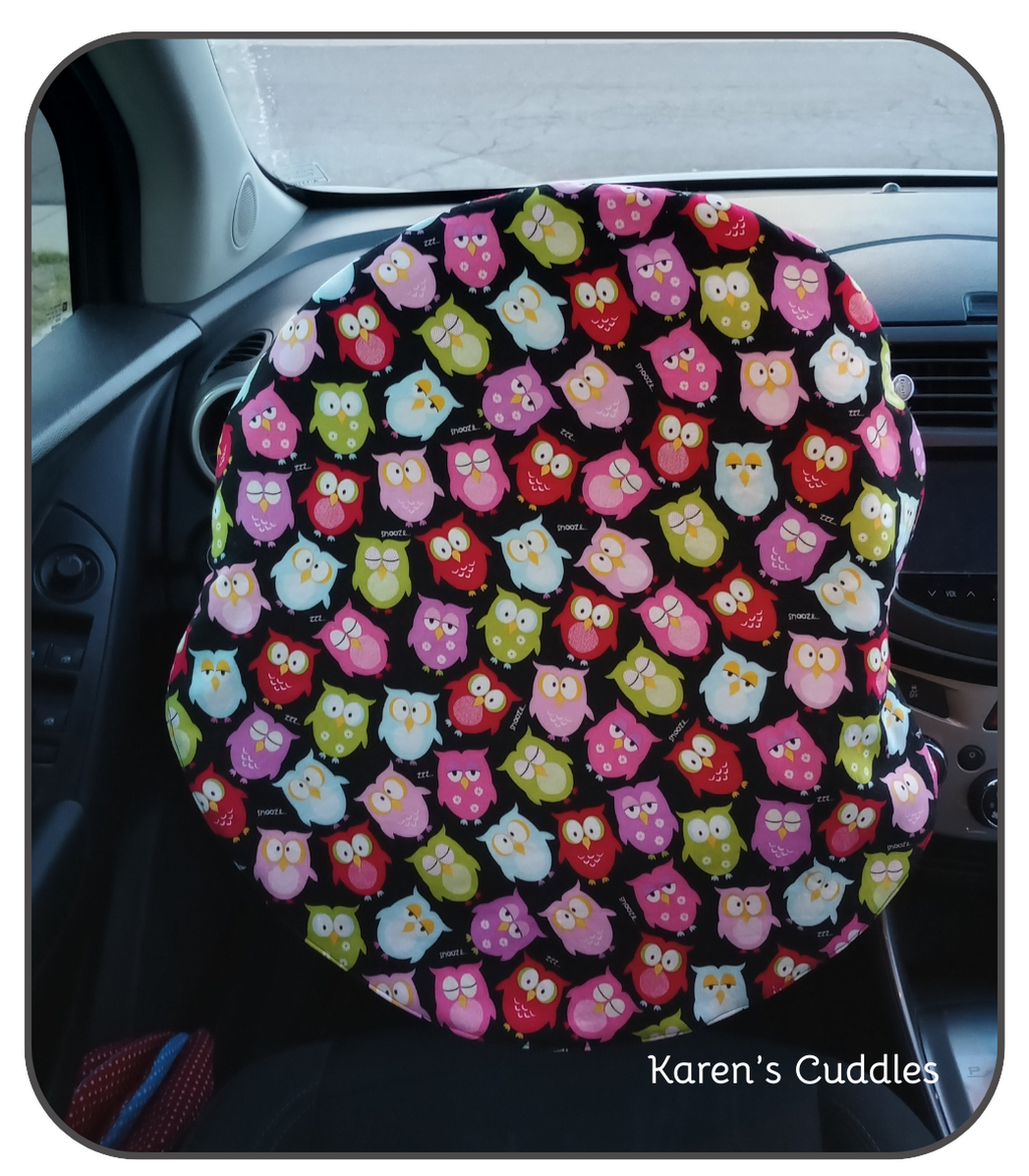 Multi-Color Owls on black fabric, covers steering wheel, reducing heat exposure'