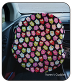 Multi-Color Owls on black fabric, covers steering wheel, reducing heat exposure'