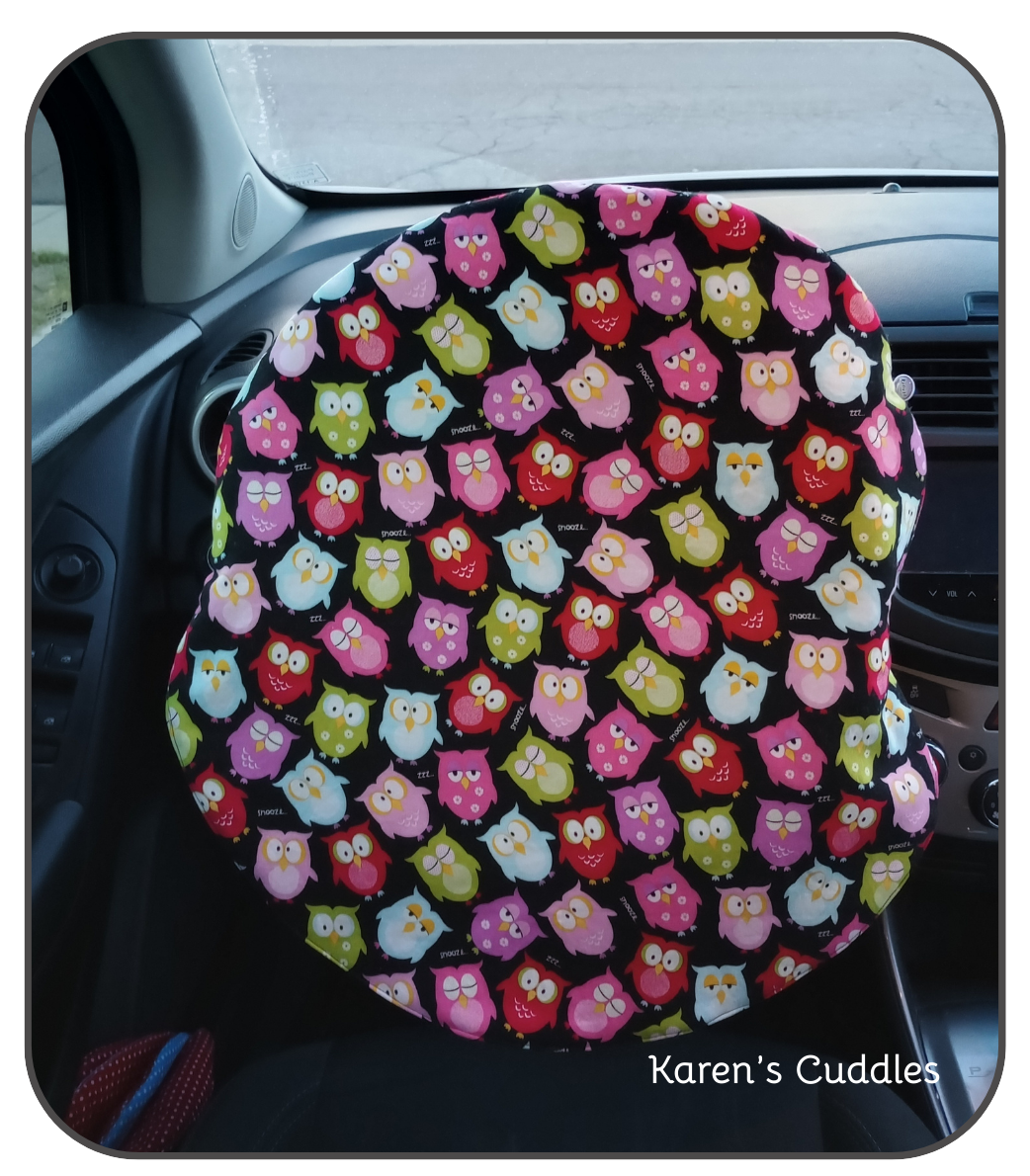 Multi-Color Owls on black fabric, covers steering wheel, reducing heat exposure'
