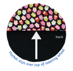Colorful Owls and Black fabric, reversible with pocket that slips on top of steering wheel for sun protection, 18 inches, fits most vehicles.