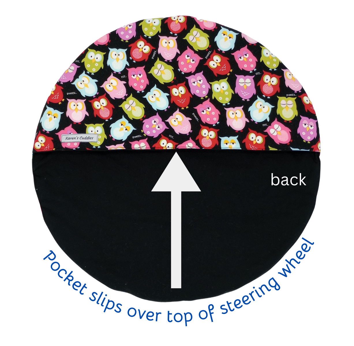 Colorful Owls and Black fabric, reversible with pocket that slips on top of steering wheel for sun protection, 18 inches, fits most vehicles.