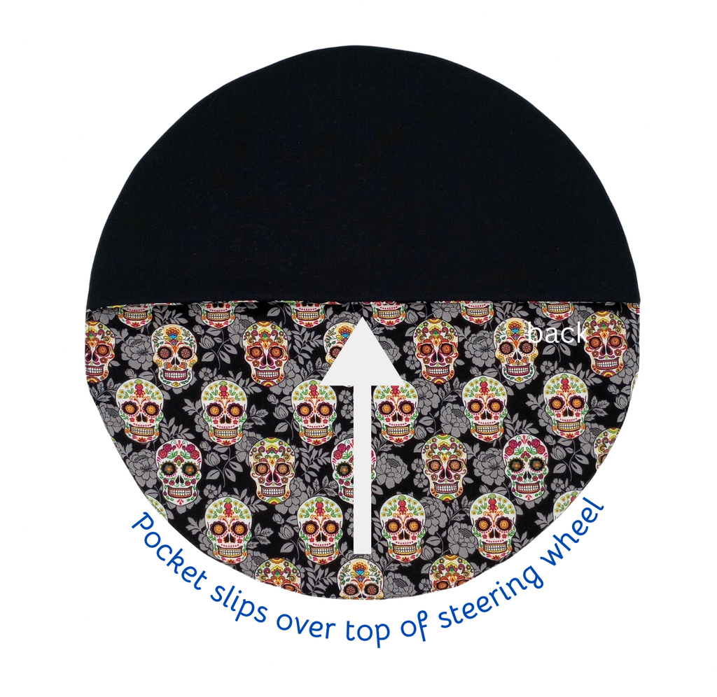 Steering Wheel Cover featuring colorful sugar skulls and black cotton fabric, help reduce sun and heat exposure.