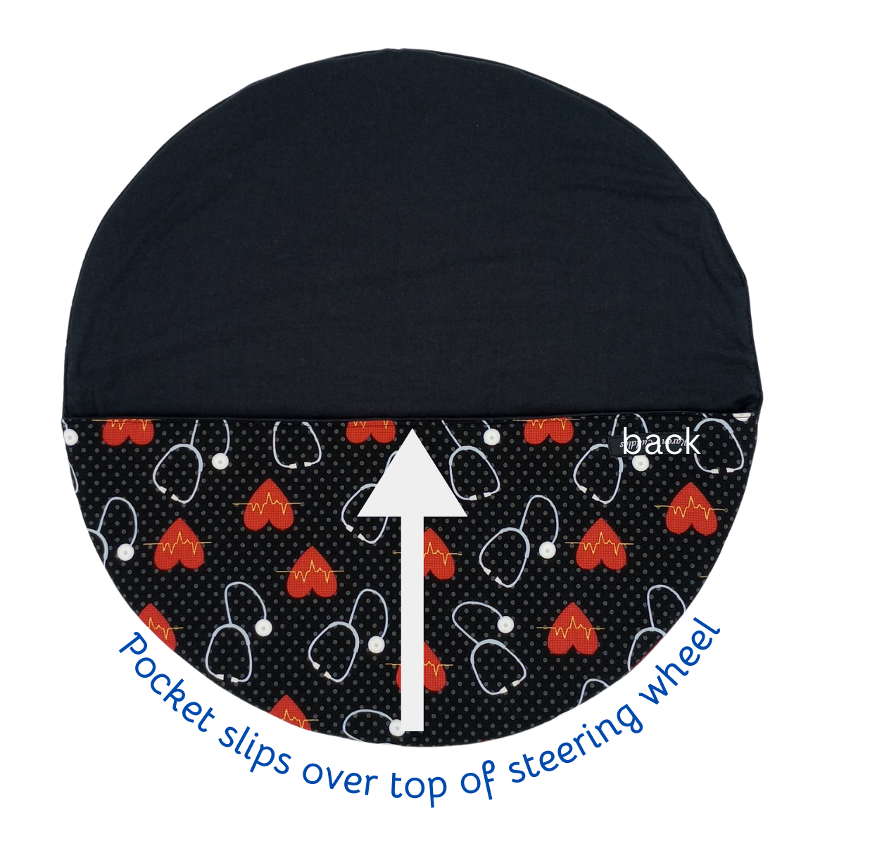 Black steering wheel cover with stethoscope pattern on a white background