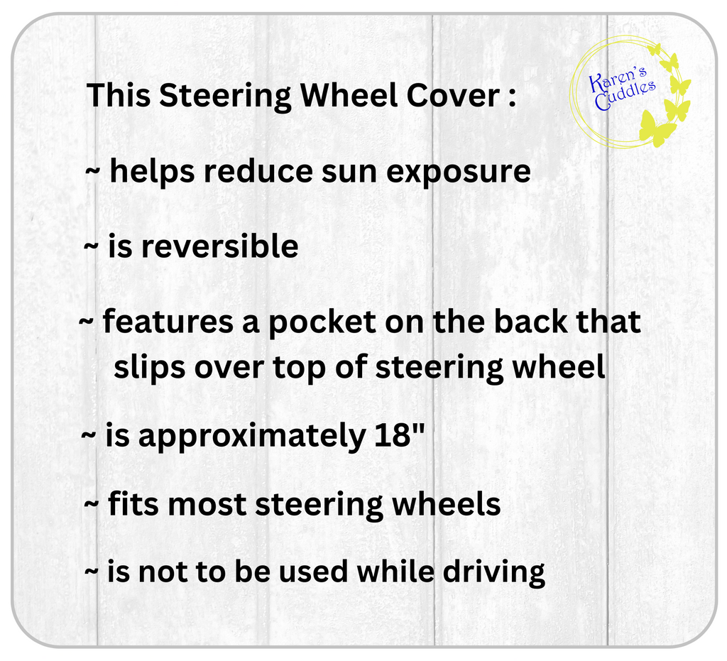 Steering wheel cover description card with text on a white background