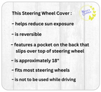 Steering wheel cover description card with text on a white background
