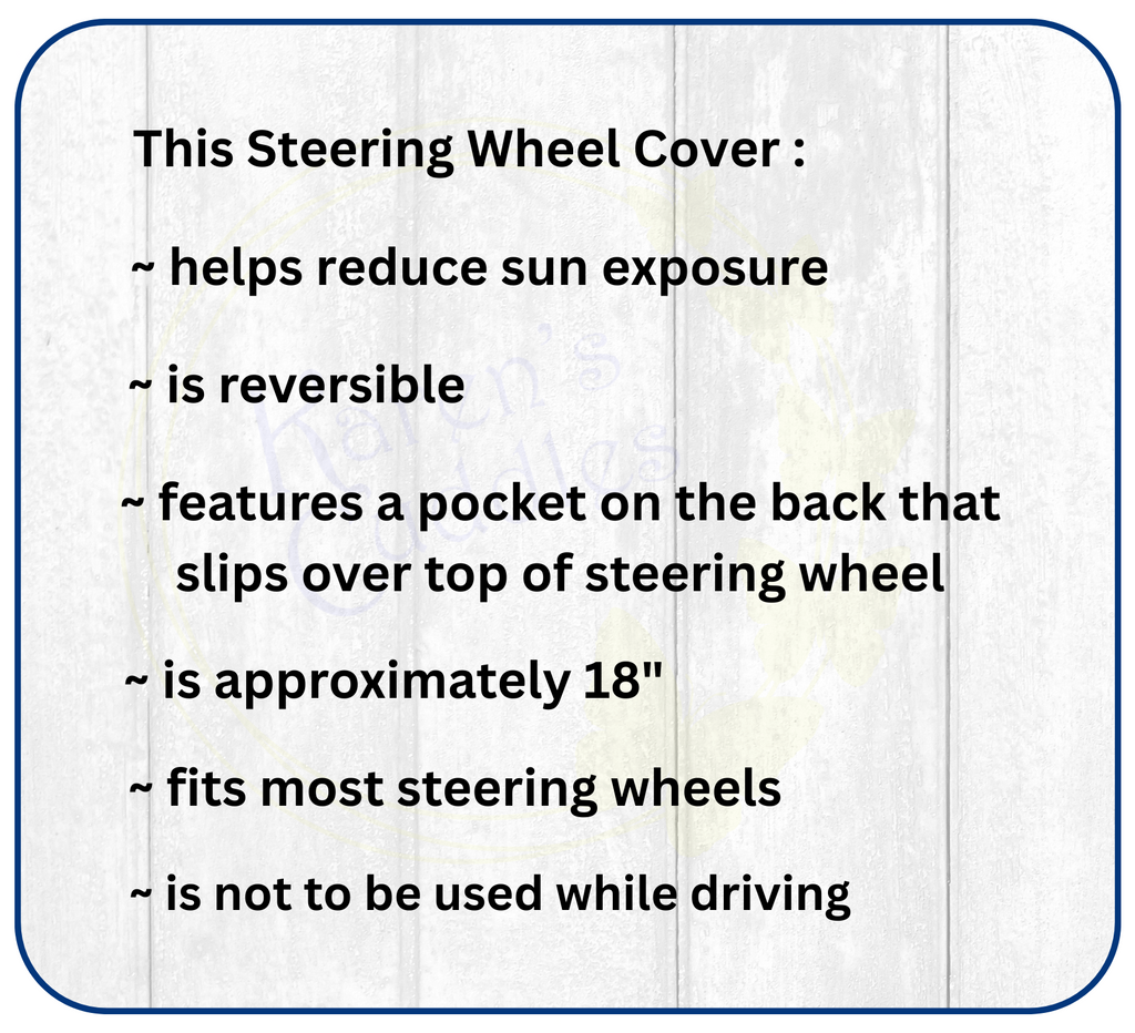Steering wheel cover description card with text on a white background