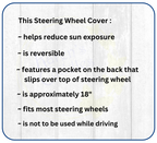 Steering wheel cover description card with text on a white background