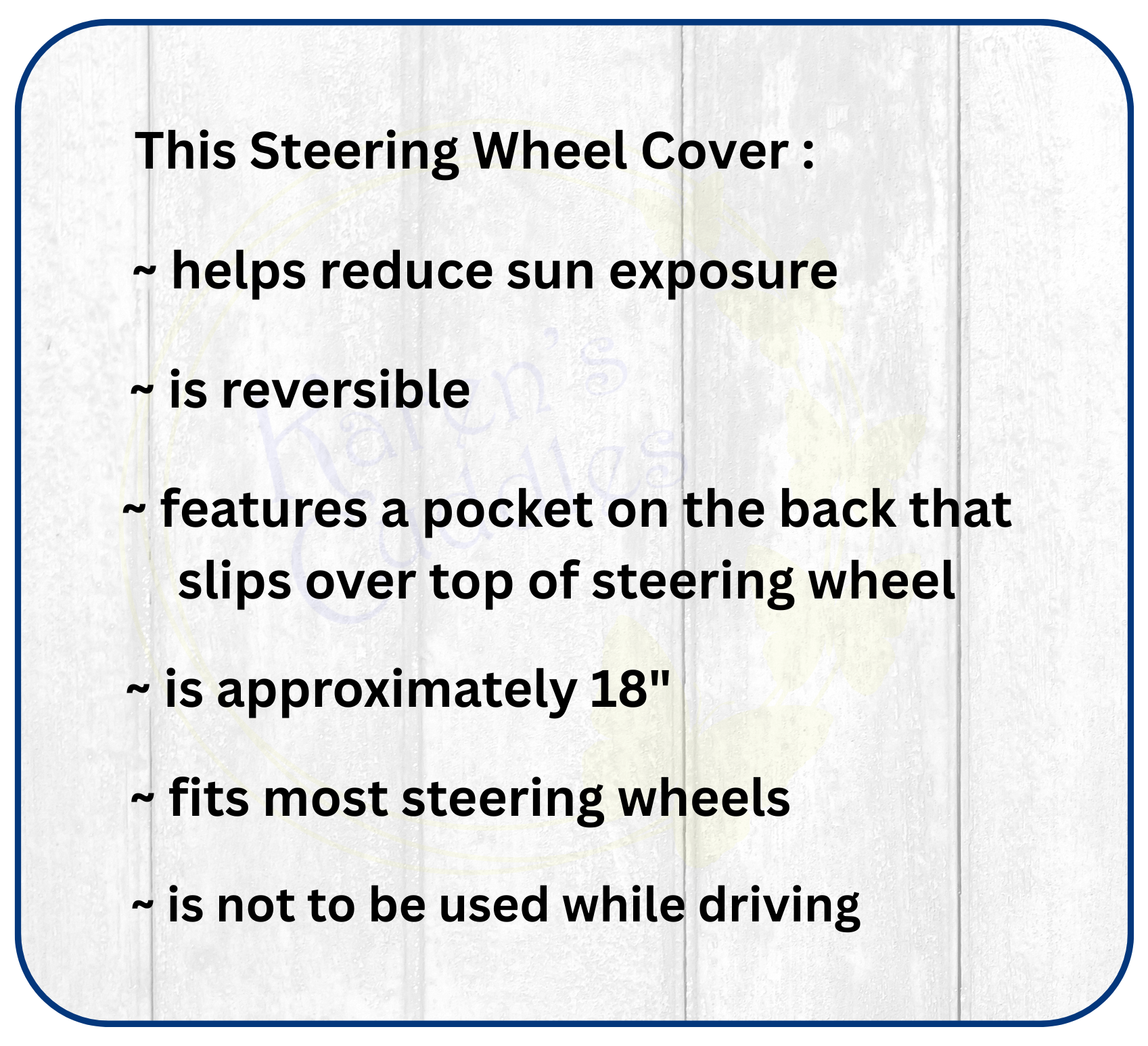 Steering wheel cover description card with text on a white background