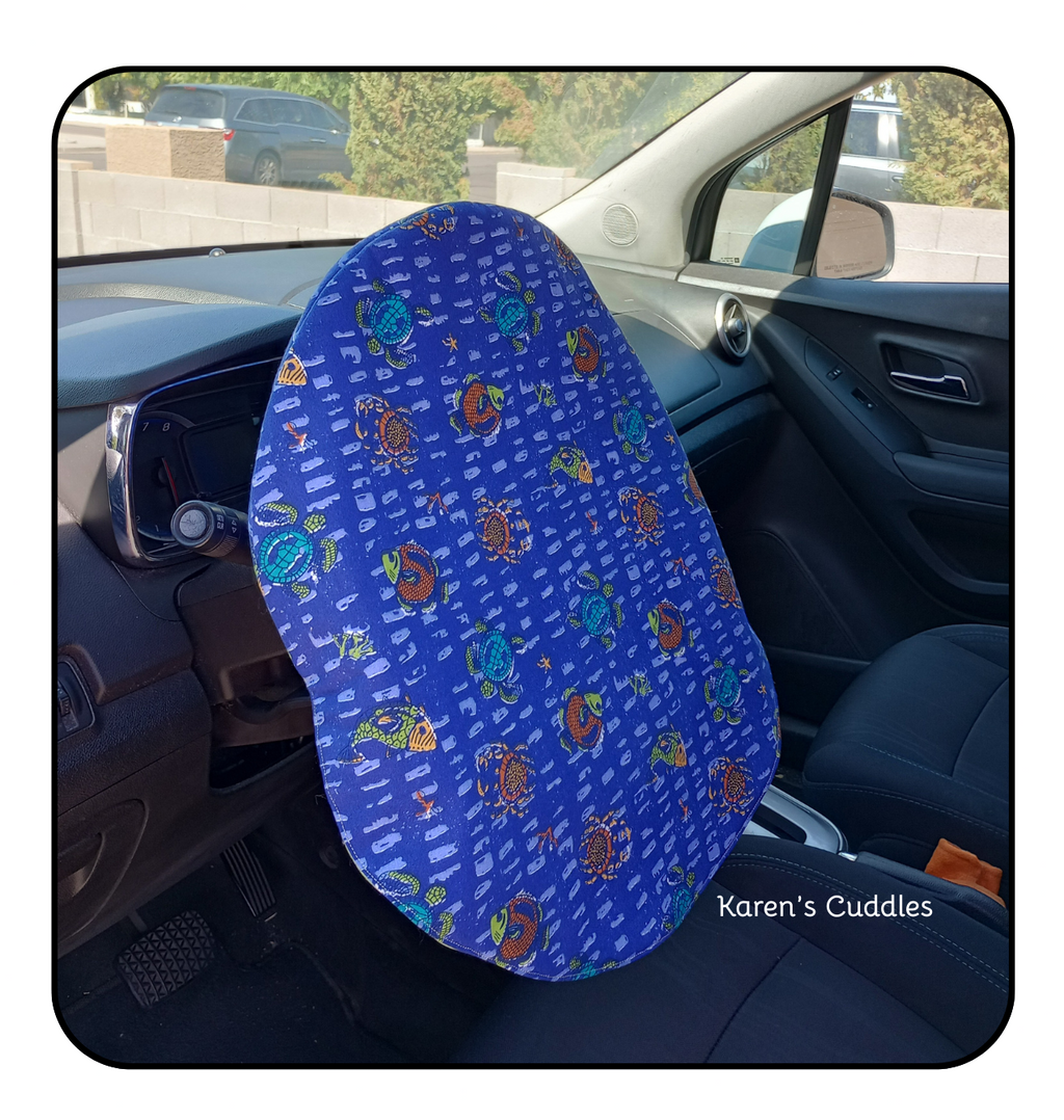 Blue Steering Wheel Sunshade Cover with turtle, fish and crabs print.