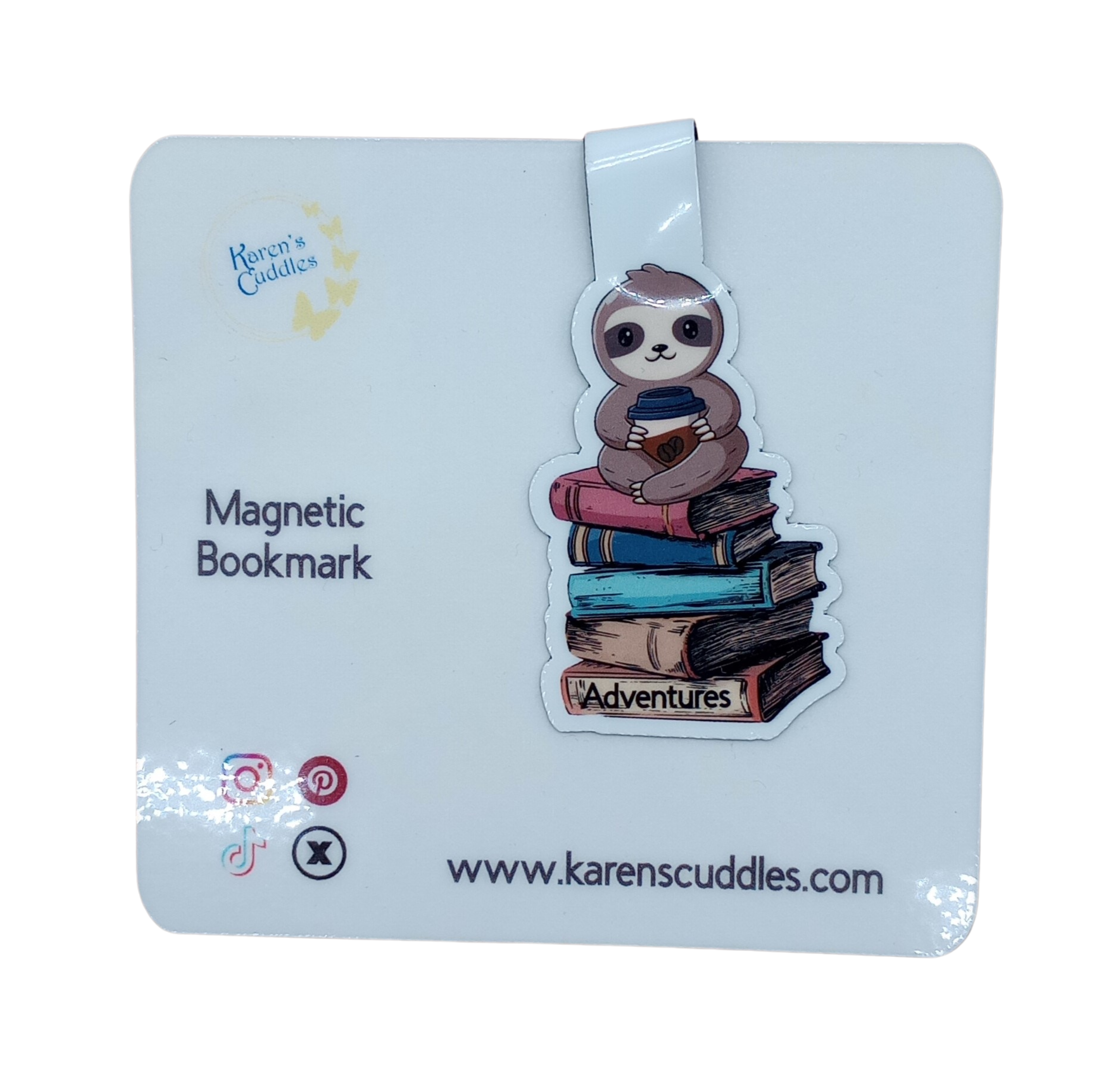Magnetic Bookmark with a sloth holding a cup of coffee sitting on a stack of books titled "adventures"