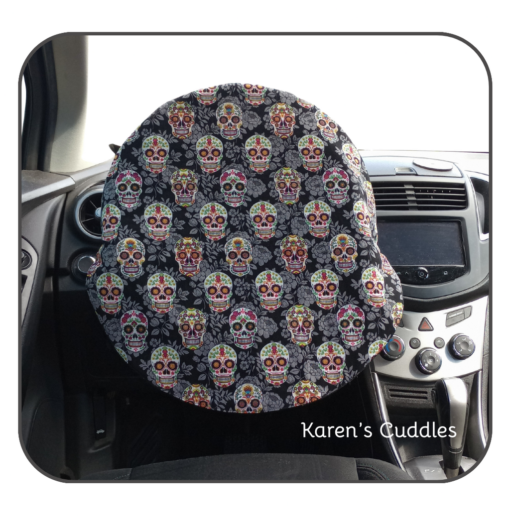Steering Wheel Cover featuring colorful sugar skulls and black cotton fabric, help reduce sun and heat exposure.