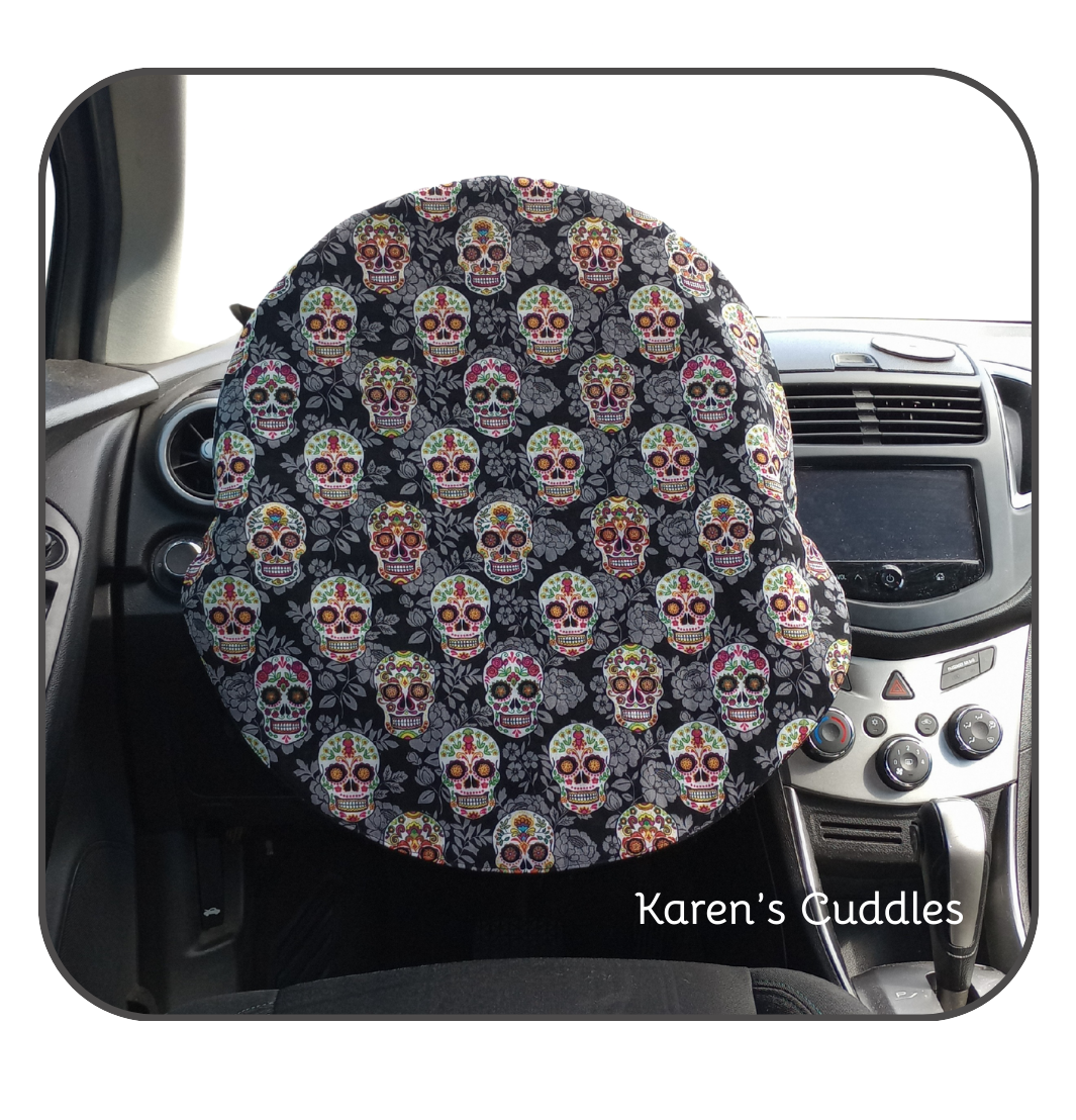 Steering Wheel Cover featuring colorful sugar skulls and black cotton fabric, help reduce sun and heat exposure.