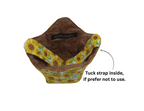 Sunflower pint cozy with brown leaf fabric showing, yellow sunflower print on reverse, carrying strap inside