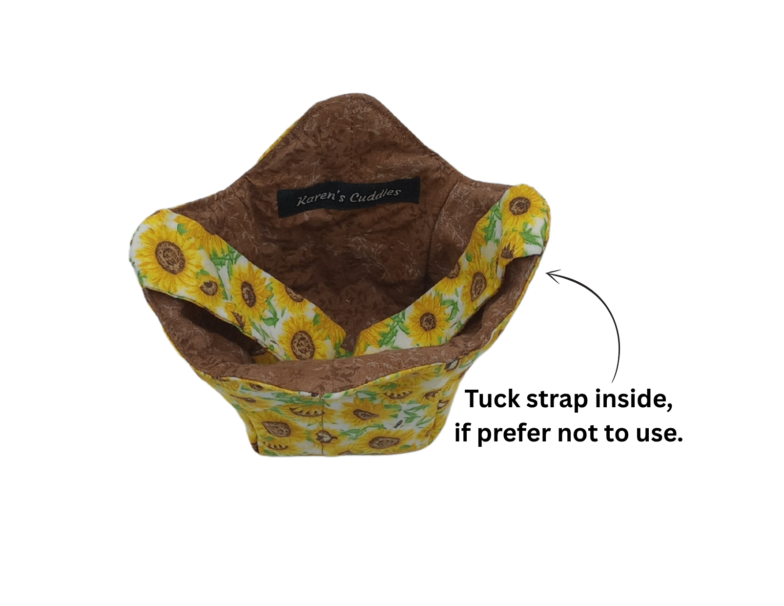 Sunflower pint cozy with brown leaf fabric showing, yellow sunflower print on reverse, carrying strap inside