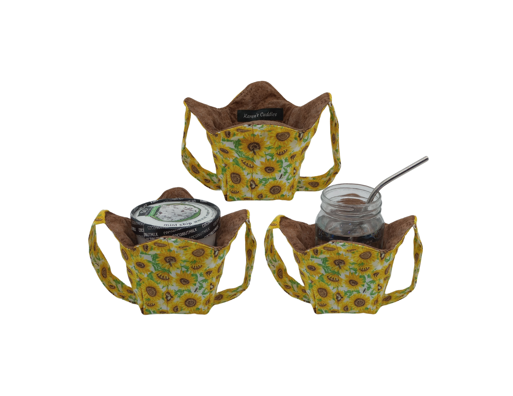 Three sunflower-patterned fabric holders with jars in one and pint of ice cream in another