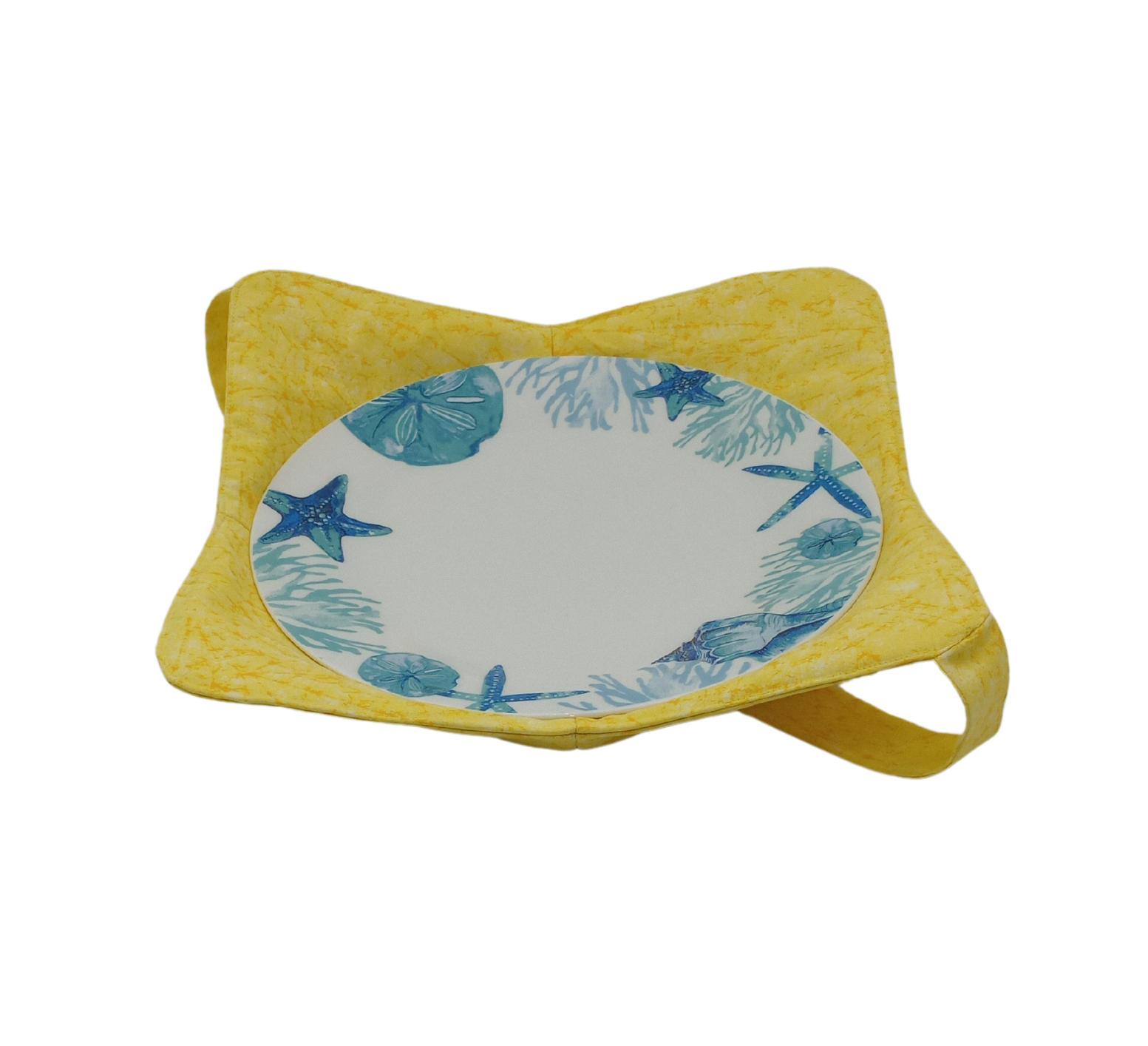 Bright Yellow fabric plate cozy holding a standard size plate