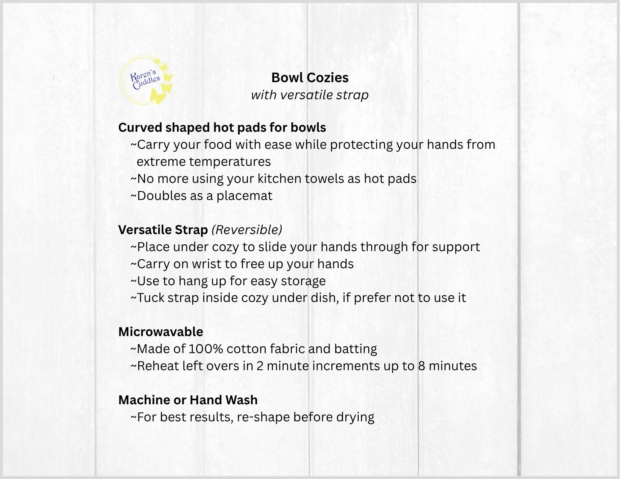 Product description card for Bowl Cozies with a reversible strap