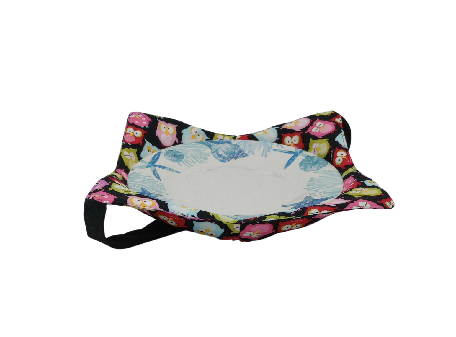 colorful owl fabric plate cozy holding a standard size plate