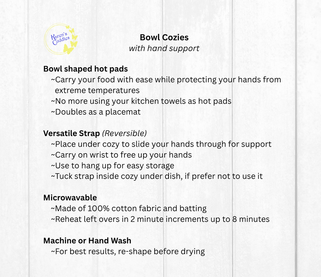Product description card for Bowl Cozies with hand support