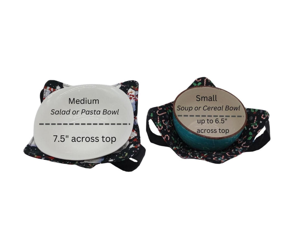 Festive bowl holders with a versatile strap for comfort and ease. Available in small for holding soup bowls up to 6.5&quot; diameter or medium for pasta bowls up to 7.5&quot; diameter.