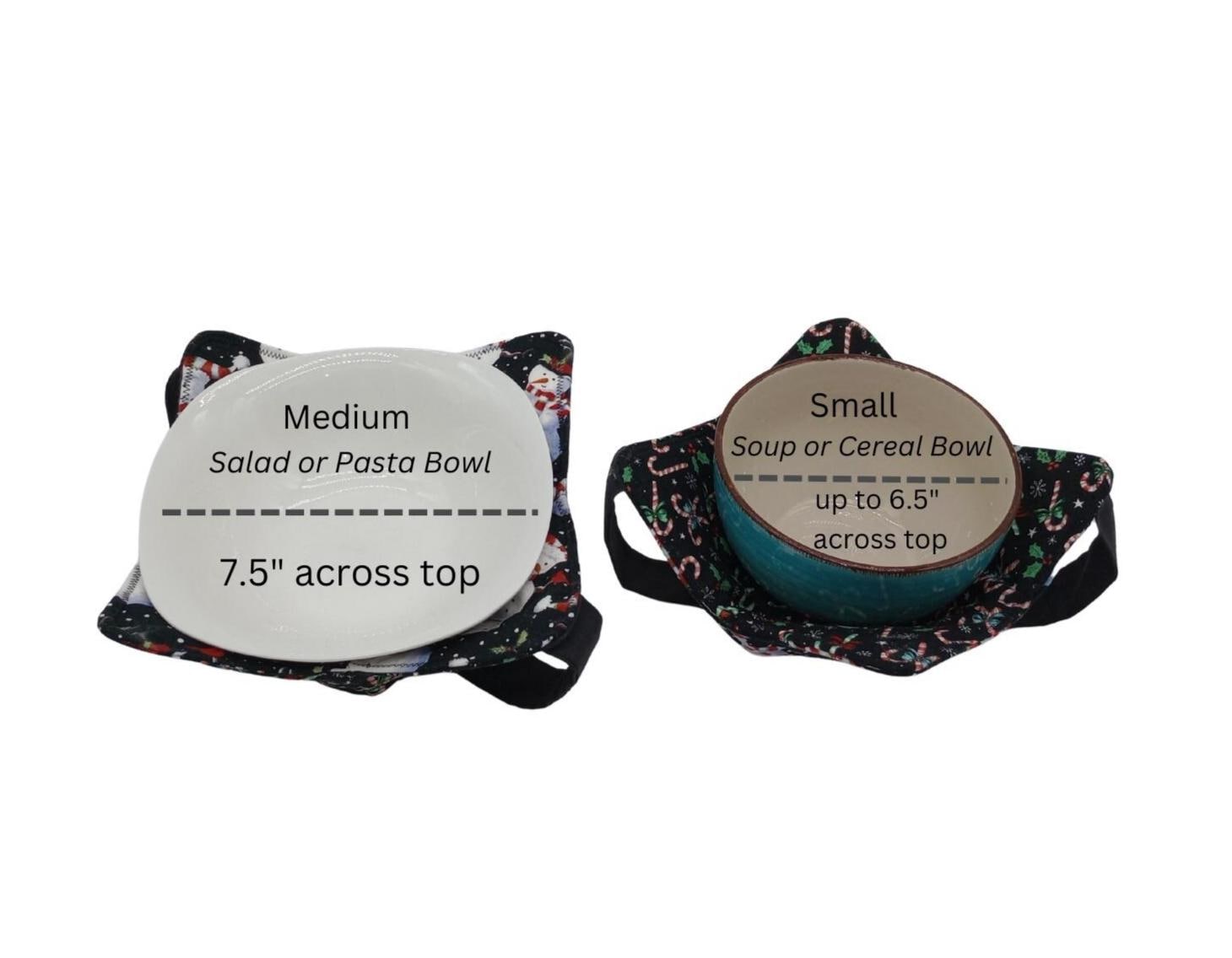 Festive bowl holders with a versatile strap for comfort and ease. Available in small for holding soup bowls up to 6.5&quot; diameter or medium for pasta bowls up to 7.5&quot; diameter.