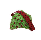 Green fabric with red ladybug pattern and a strap with black polka dots on red fabric. 