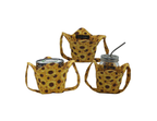 Three sunflower-patterned pint size cozies, mason jar in one and ice cream container in another