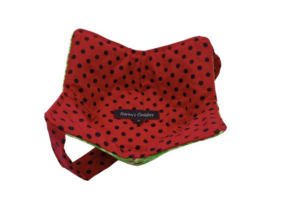 bowl cozy with black polka dots on red fabric with matching strap