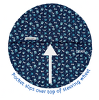 Blue steering wheel cover with paw print pattern on a white background