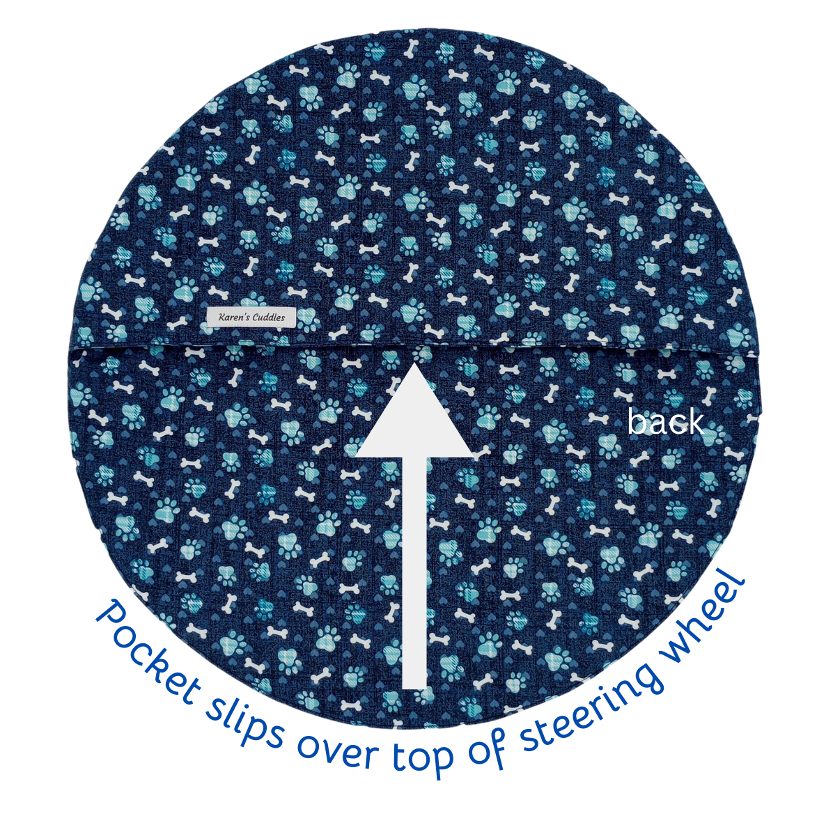 Blue steering wheel cover with paw print pattern on a white background