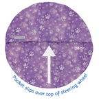 Purple steering wheel cover with paw prints and an arrow indicating the back.