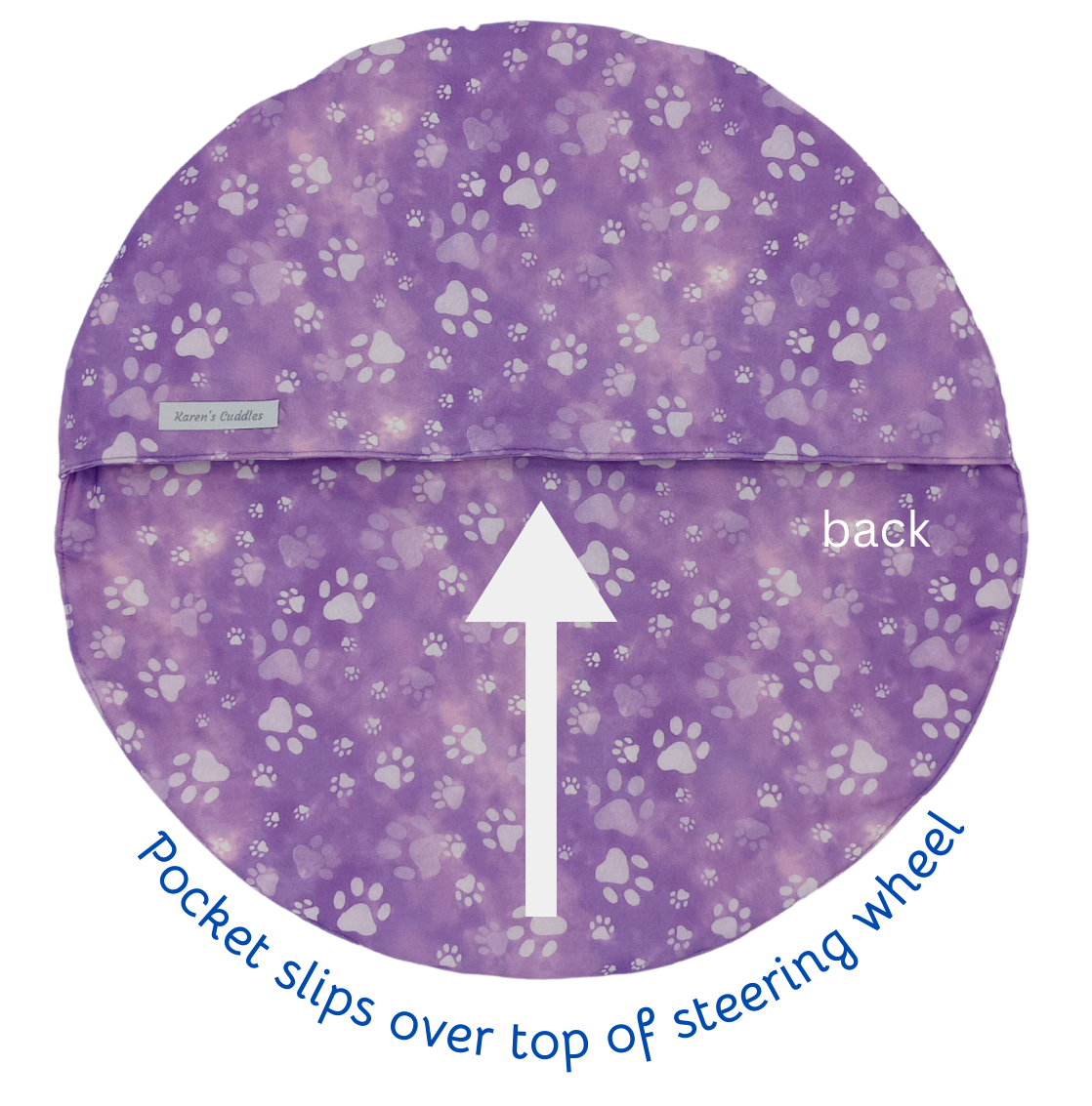 Purple steering wheel cover with paw prints and an arrow indicating the back.
