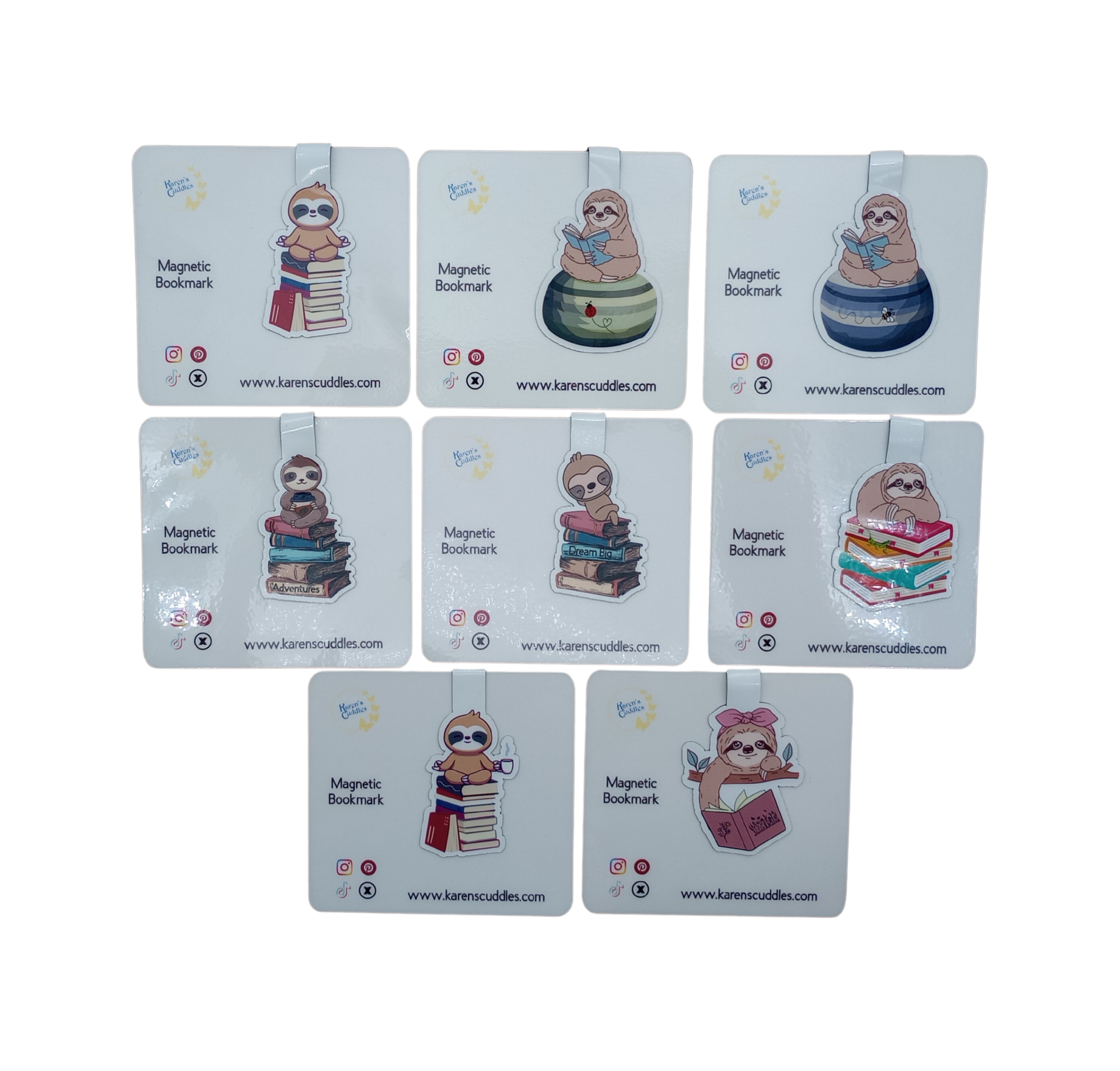 Set of eight sloth-themed magnetic bookmarks on a white background