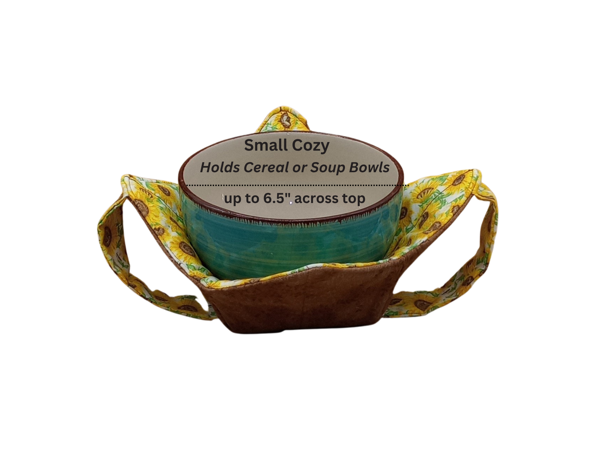 brown leaves fabric and sunflower strap on outside, sunflowers on inside with a turquoise bowl