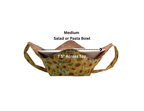 Medium salad or pasta bowl holder with sunflower pattern, labeled for size and dimensions.