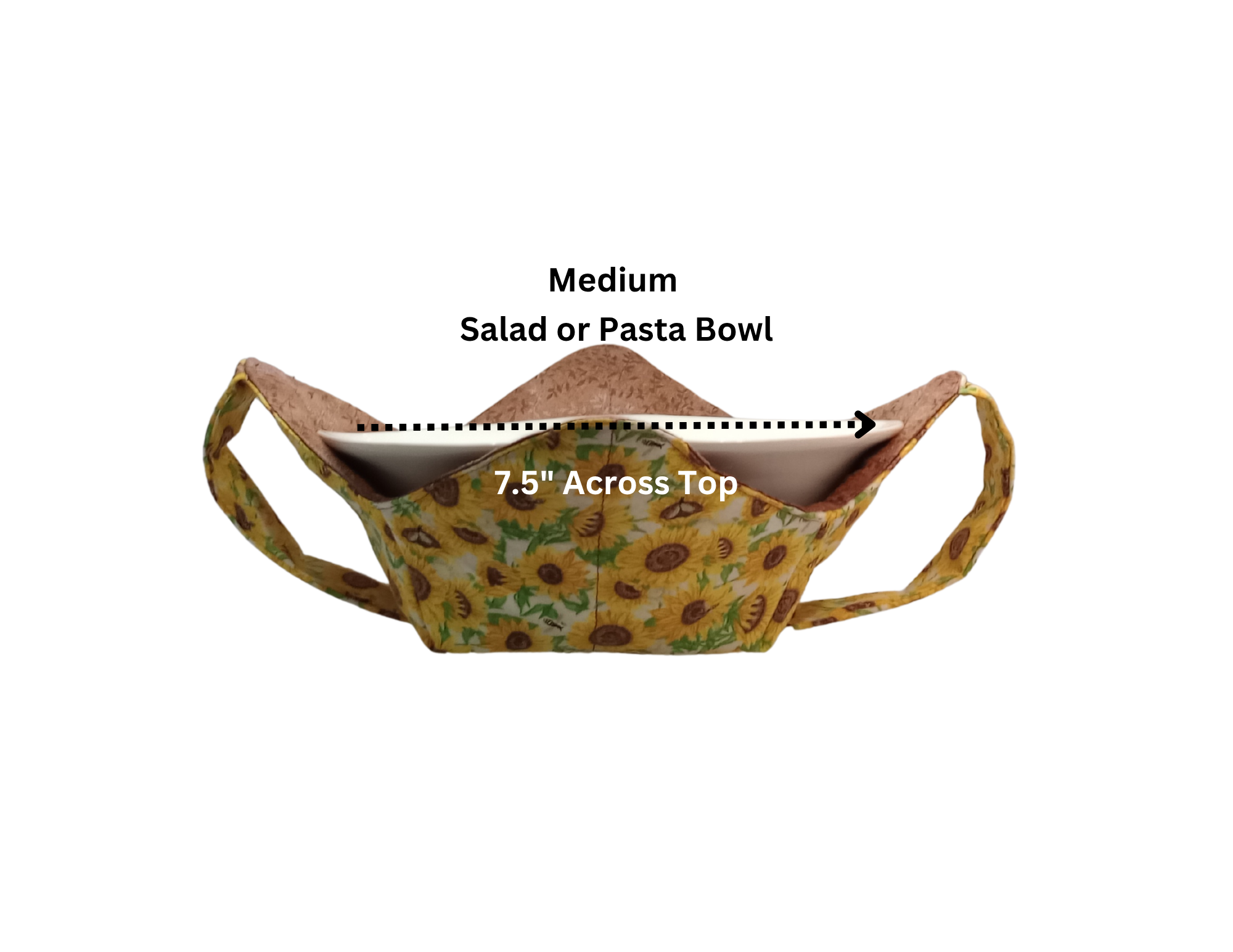 Medium salad or pasta bowl holder with sunflower pattern, labeled for size and dimensions.