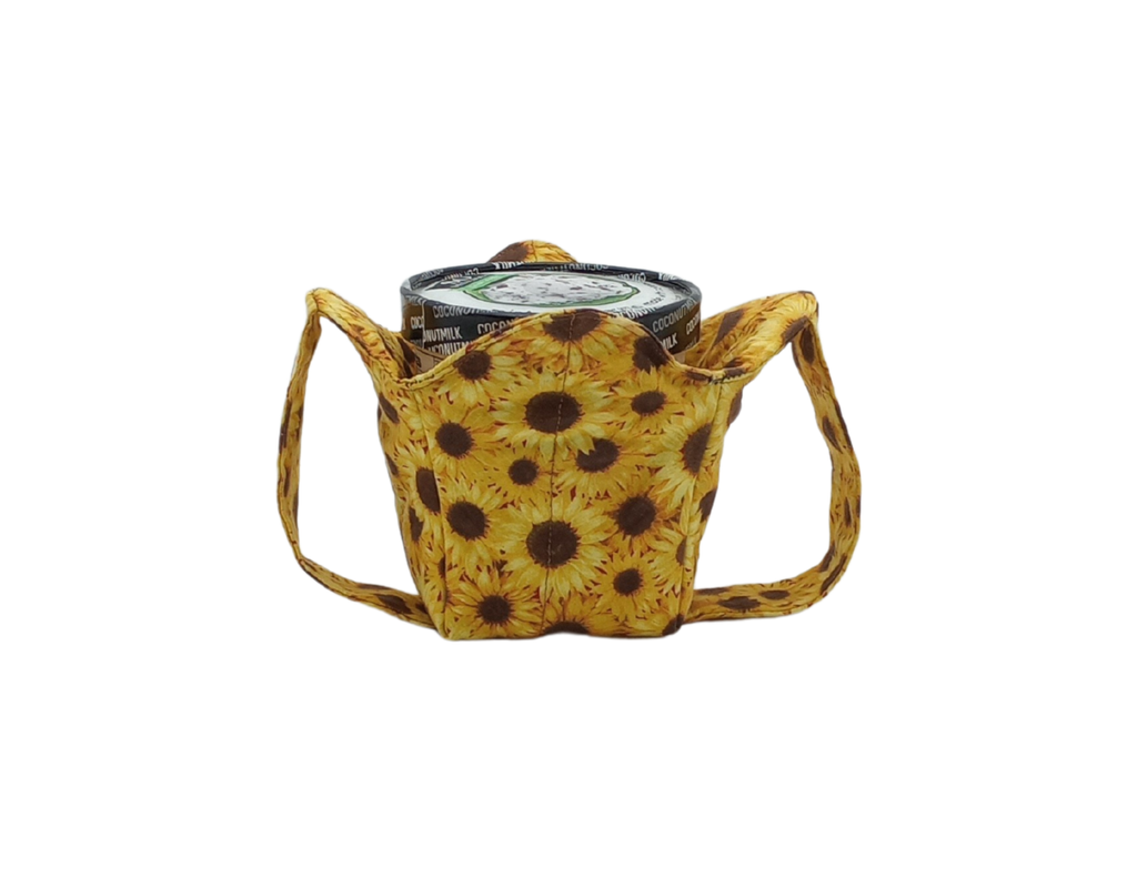 sunflower fabric cozy holding pint of ice cream