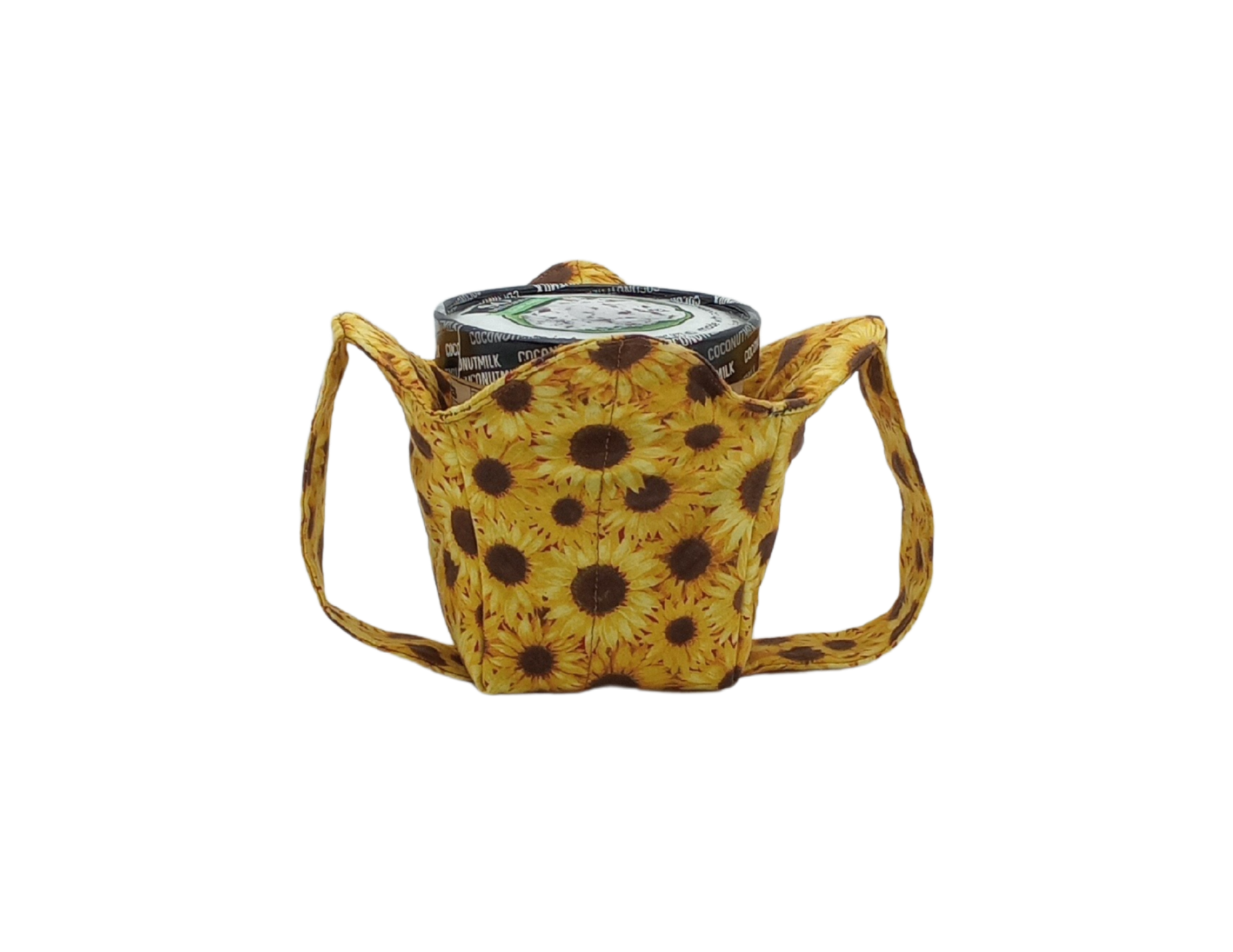 sunflower fabric cozy holding pint of ice cream