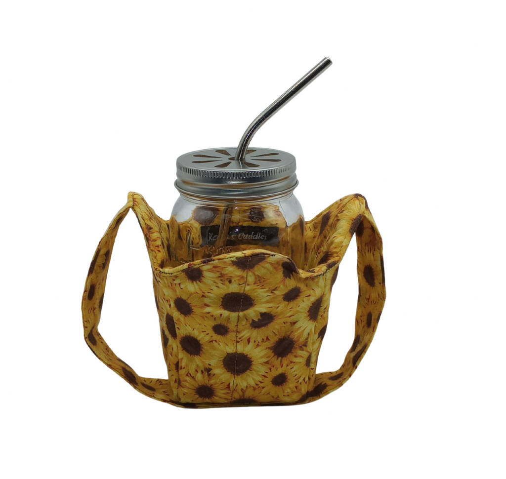 sunflower cozy holding mason jar