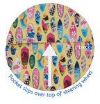 back of steering wheel cover with surfboards on yellow fabric