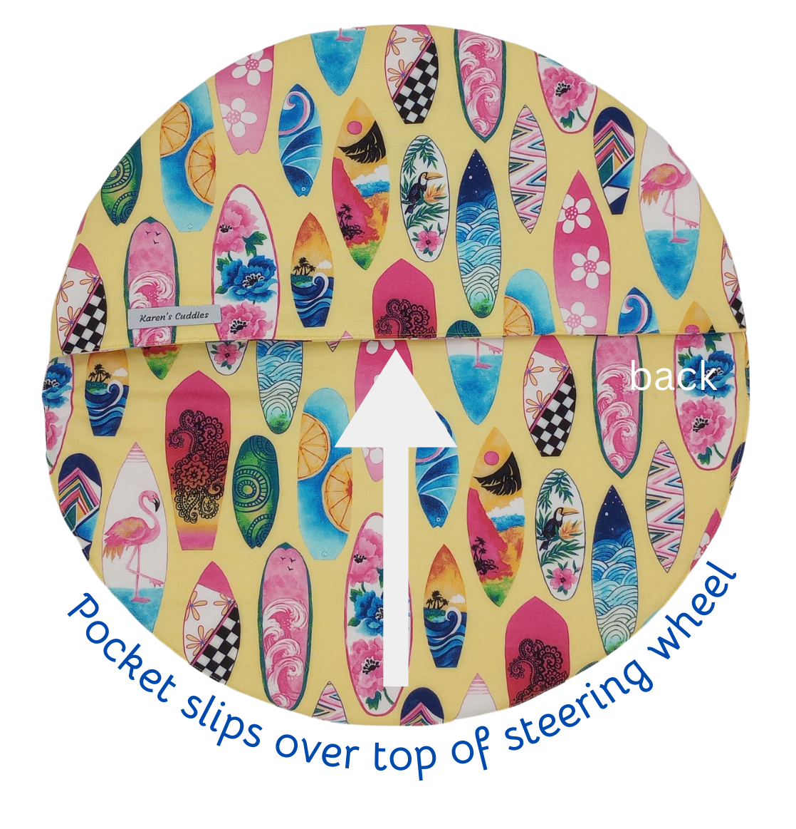 back of steering wheel cover with surfboards on yellow fabric